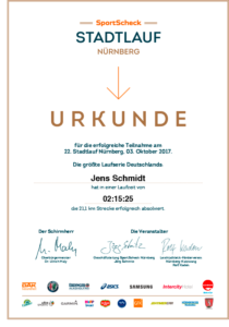 Urkunde Stadtlauf Nürnberg 2017