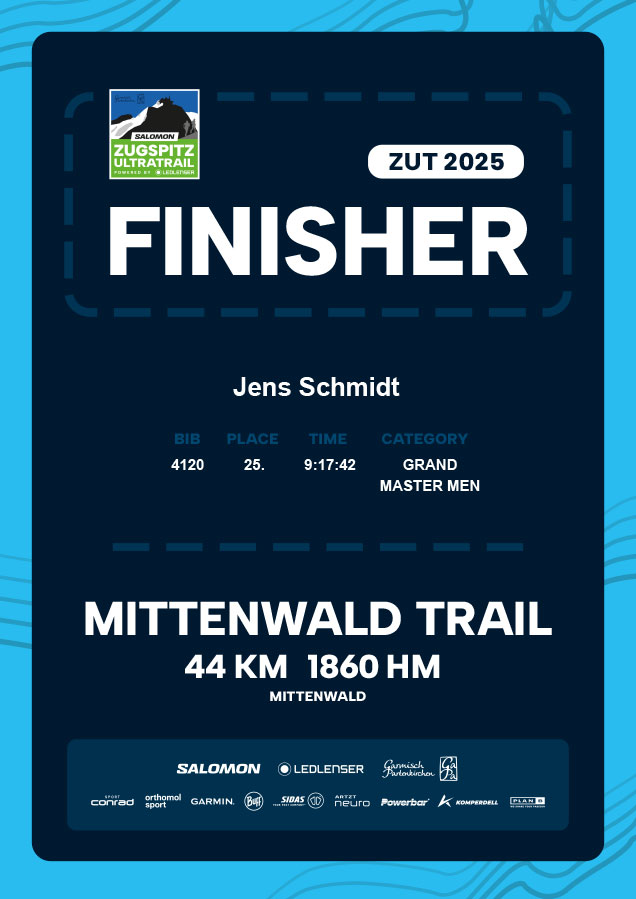 Urkunde ZUT 2025 Mittenwald-Trail. 44km, 1860 HM, Zeit 9:17:42, Platz 25 in Altersklasse